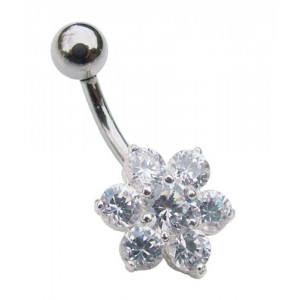 Small Sterling Silver Flower Belly Bar - Clear
